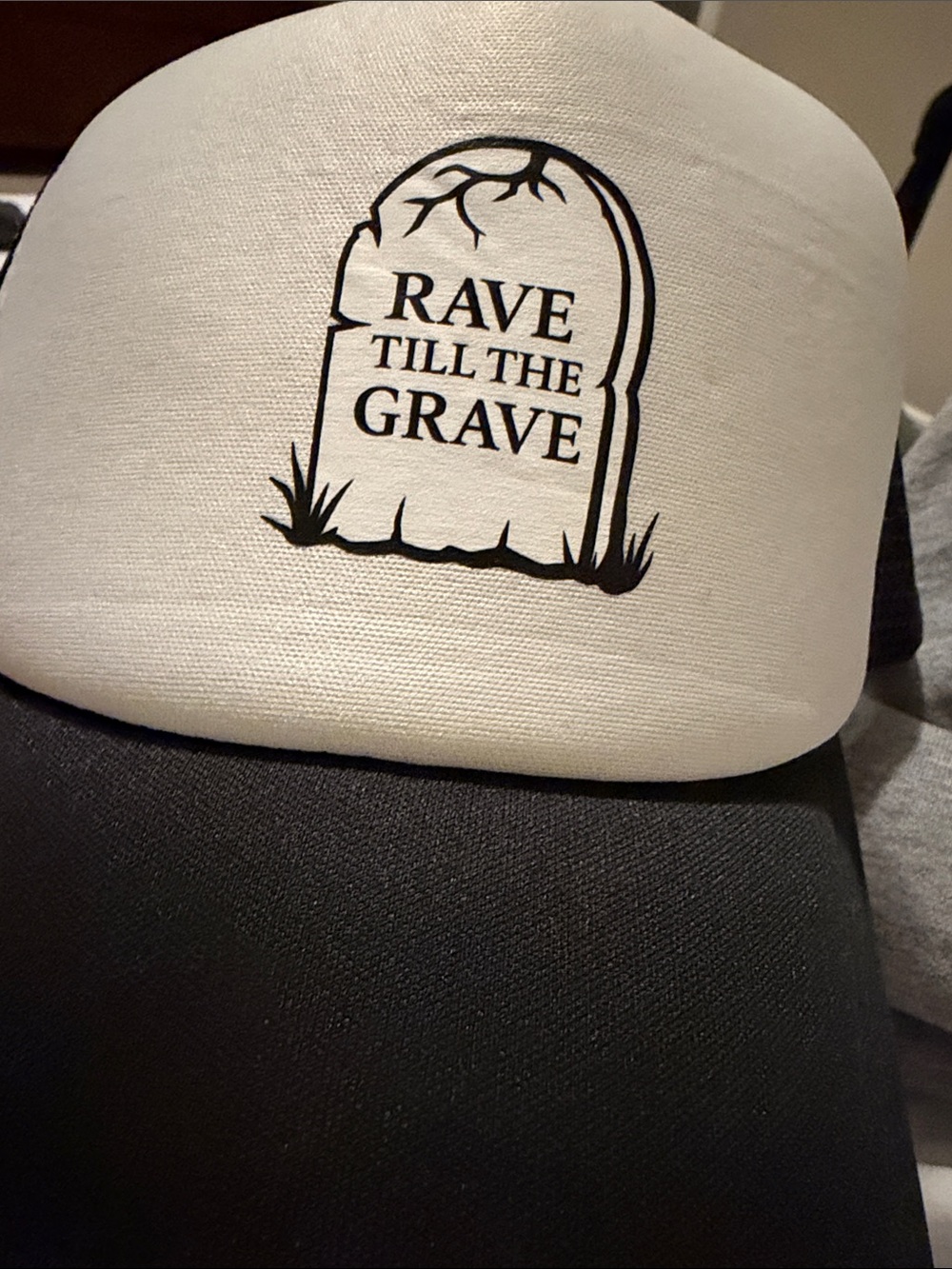 White Trucker Hat with "Rave Till The Grave" Tombstone Graphic
